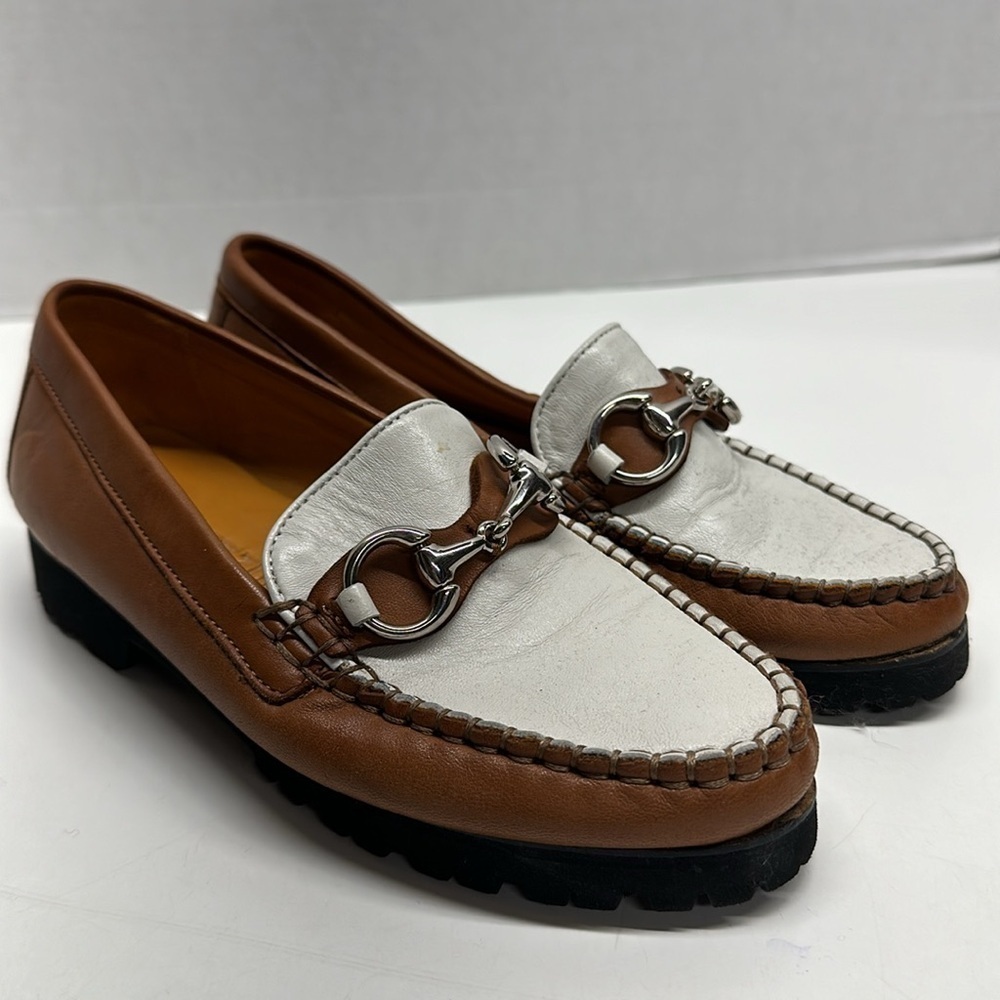 Robert Zur Loafers Leather Gancini Horse Bit Buckle Shoes Tan Brown White Size 6